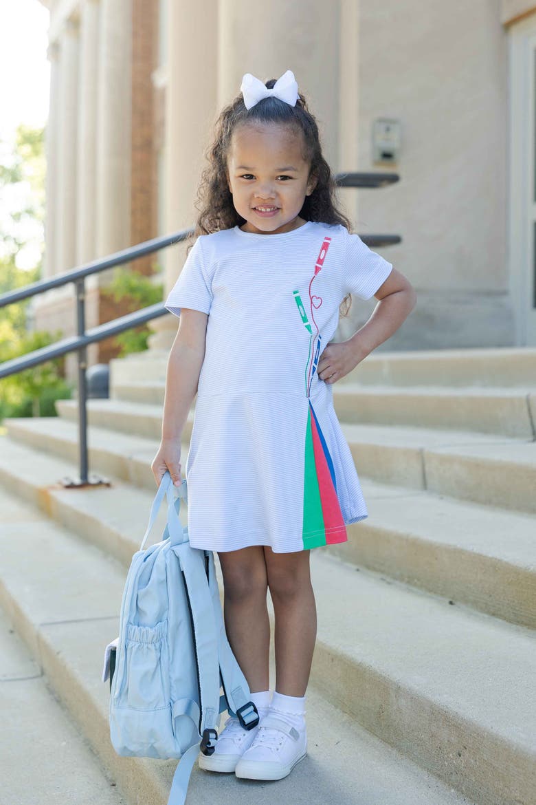 Stripe Knit Dress with Appliqué Crayons, Alternate, color, Blue/White