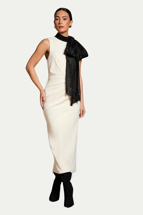 Organza Pussybow Column Midi Dress