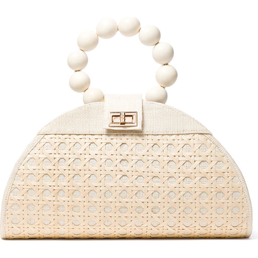 Soli & Sun The Isabella Tan Rattan Solihiya Weave And Gold Bead Top Handle Statement Bag In White