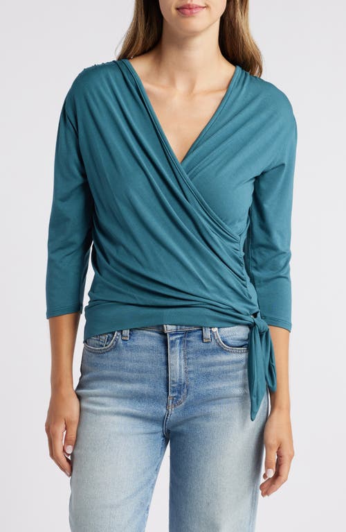 Loveappella Faux Tie Wrap Top in Dark Teal 