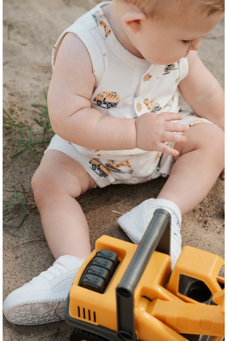 Digger Print Jersey Romper, Alternate, color, OFF WHITE