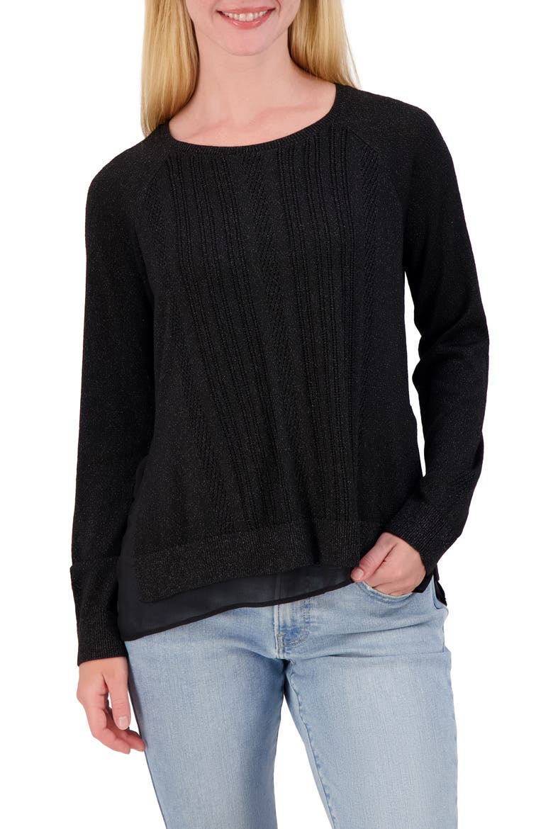 Mixed Media Lurex Crew Sweater, Main, color, JET BLACK