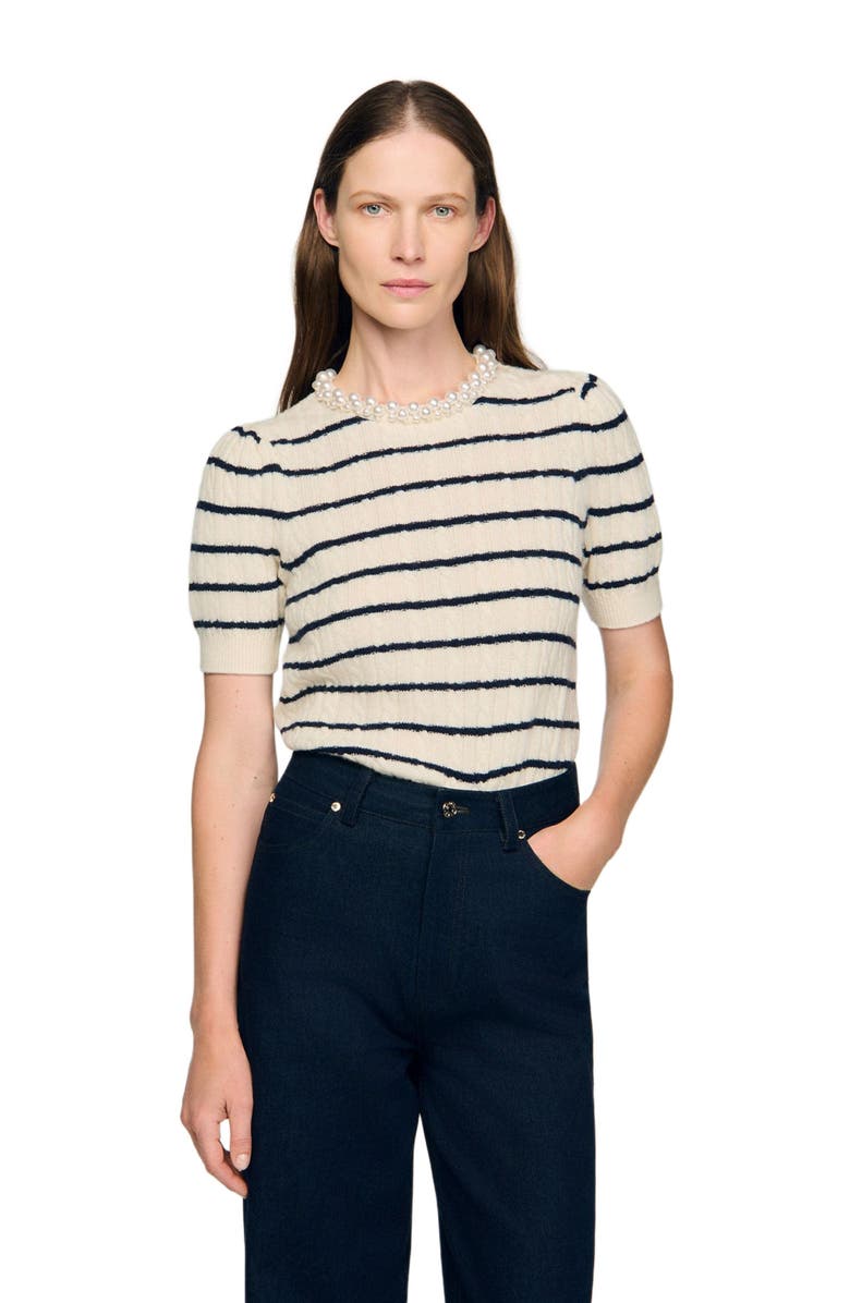 SANDRO Striped sweater with pearl collar, Main, color, Ecru