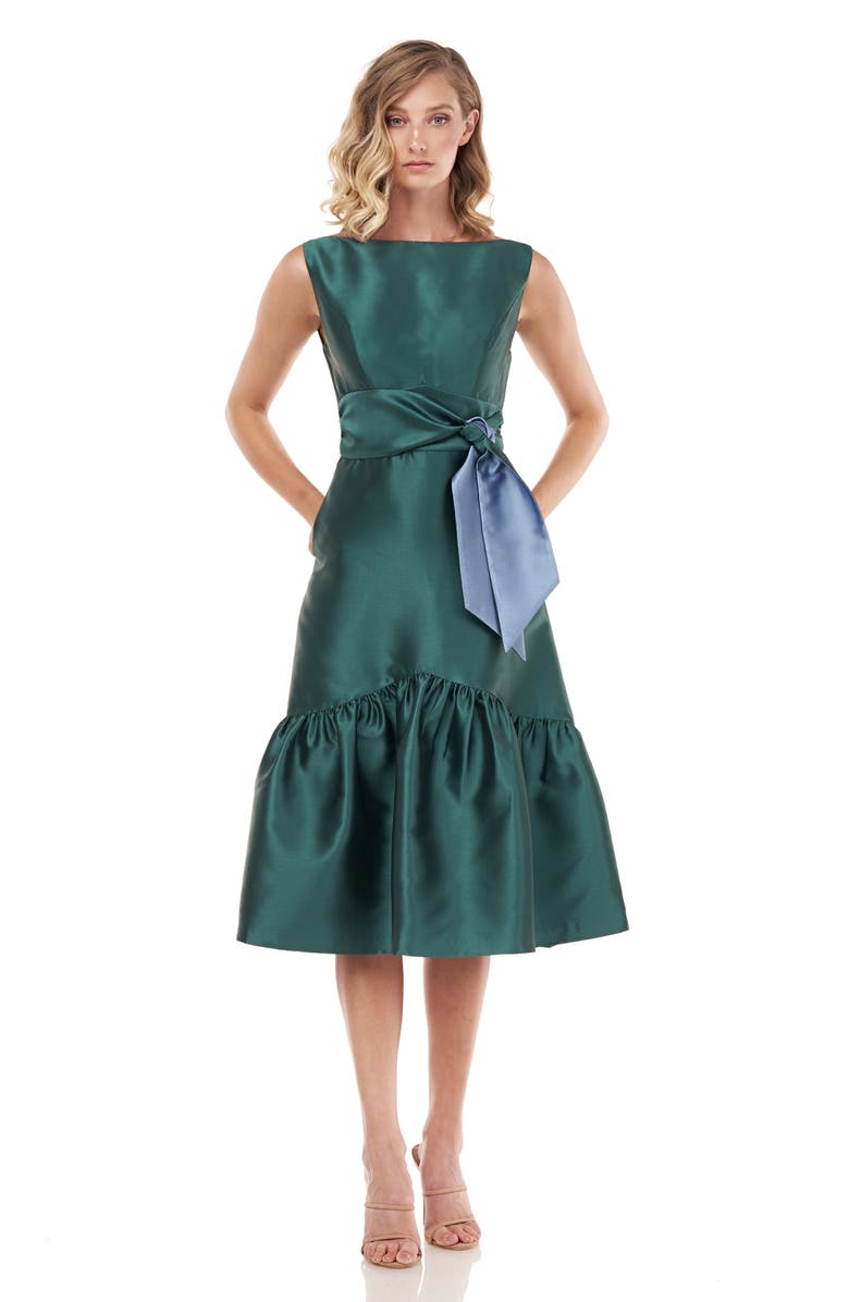 Kay Unger Tie Waist Ruffle Sleeveless Dress, Alternate, color, 