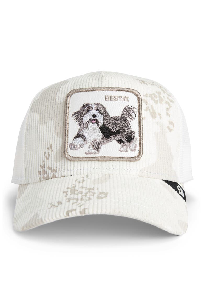 Bestie Camo Embroidered Patch Trucker Hat, Alternate, color, DUST