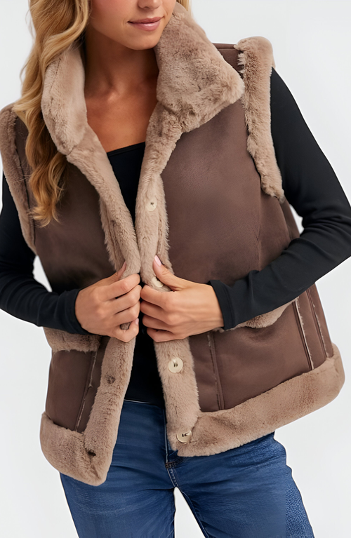 Modenaire Faux Shearling Trim Vest In Brown