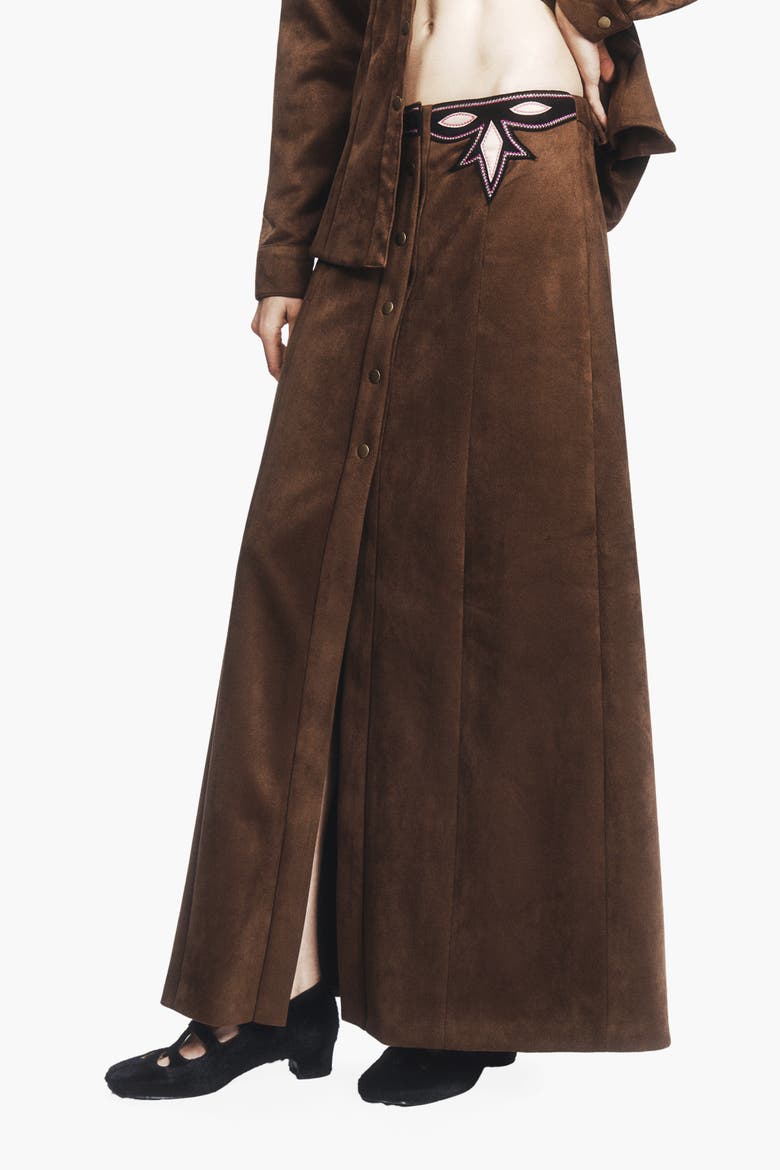 Faux Suede Appliqué Skirt, Alternate, color, Mocha Multi