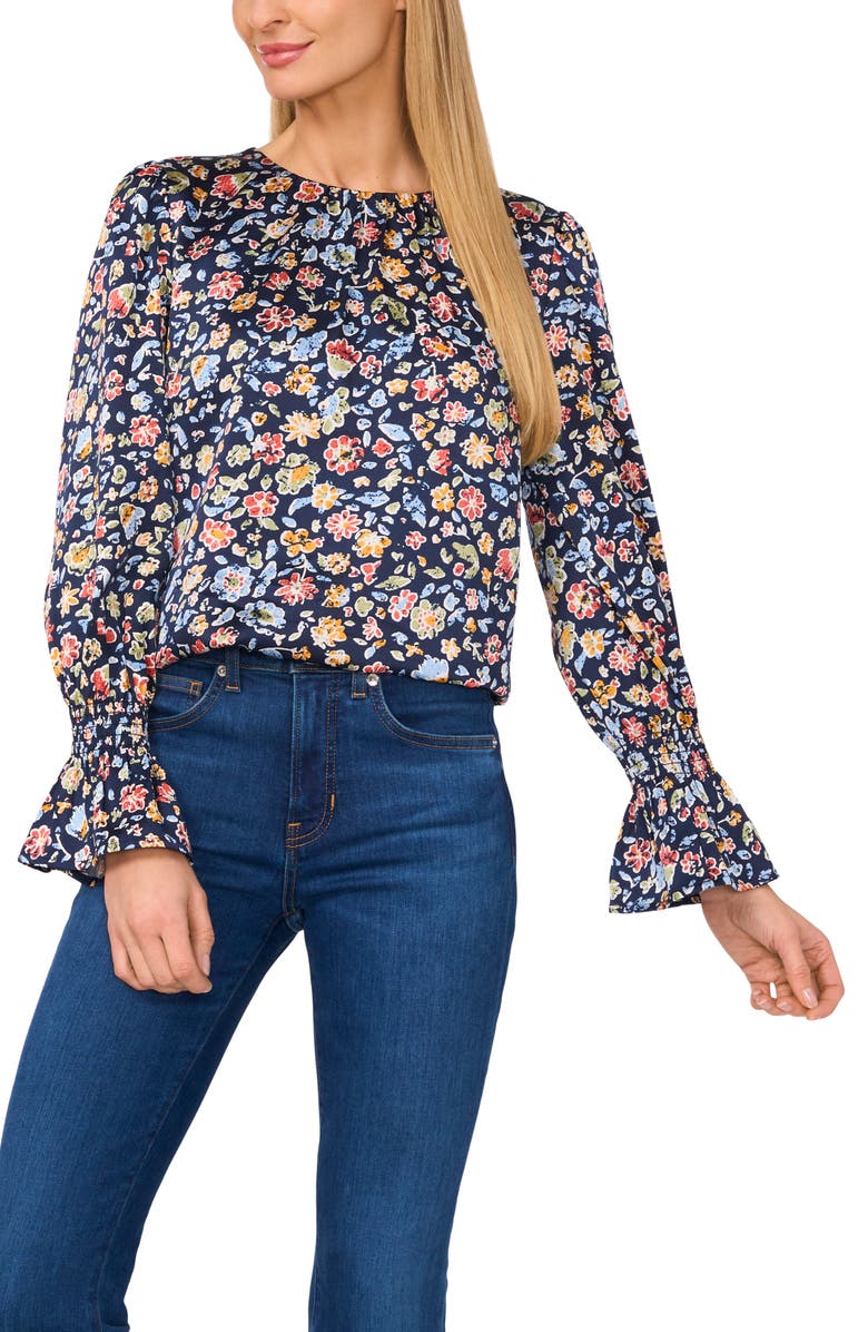 CeCe Floral Long Sleeve Satin Charmeuse Top, Main, color, 