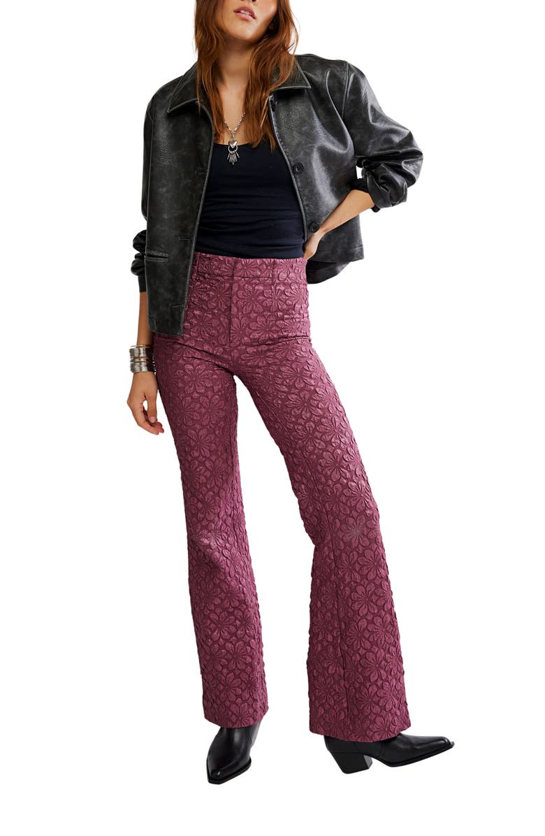 Free People Runaway Floral Flare Pants, Alternate, color, Crushed Berry