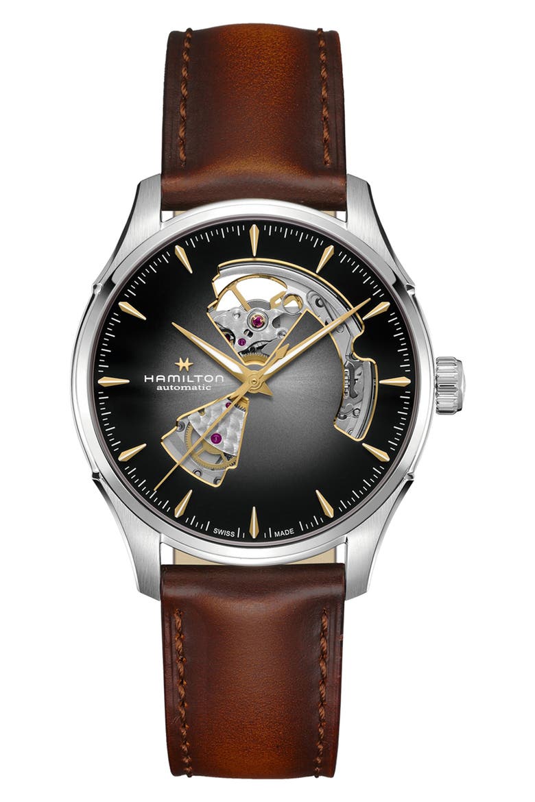 Jazzmaster Open Heart Automatic Leather Strap Watch, 40mm, Main, color, BLACK