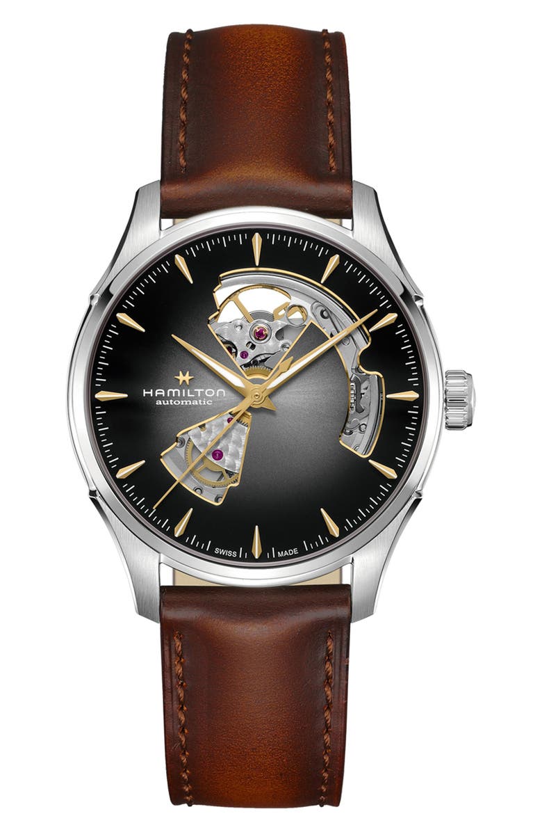 Hamilton Jazzmaster Open Heart Automatic Leather Strap Watch, 40mm, Main, color, Black