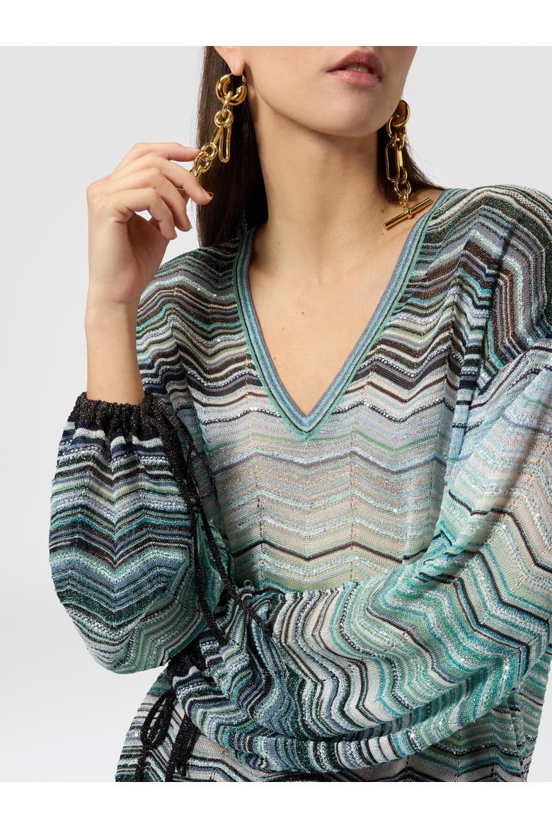 Oversized Blouse In Viscose Chevron Lamé With Sequins, Alternate, color, Turquoise