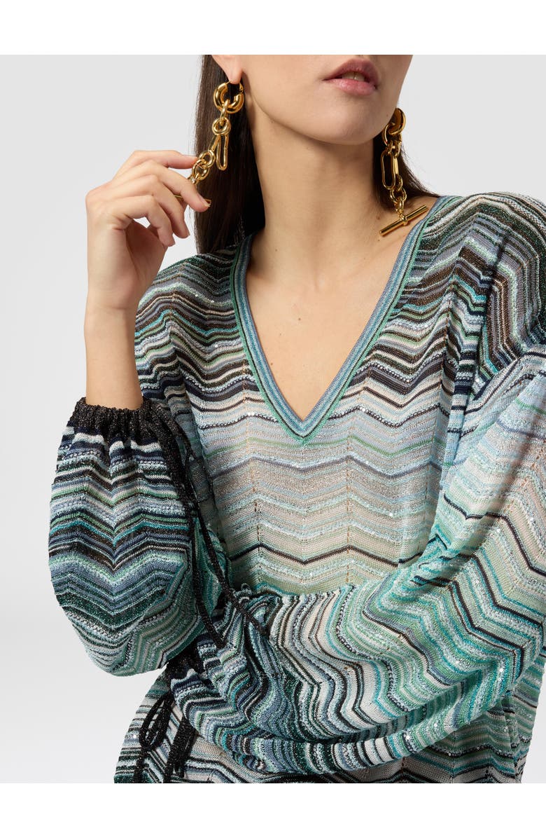 Missoni Chevron Lamé Viscose Blouse With Sequins, Alternate, color, Green& Brown