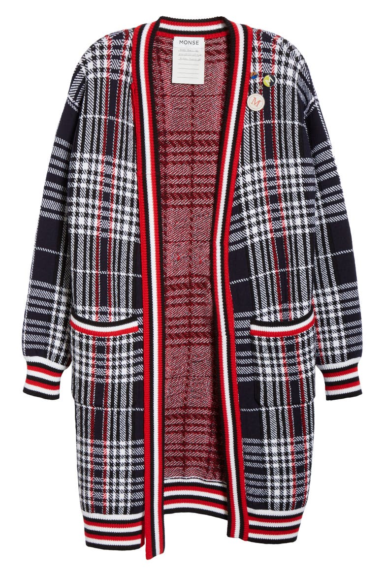 Tie Neck Longline Plaid Wool Cardigan, Alternate, color, BLACK PLAID