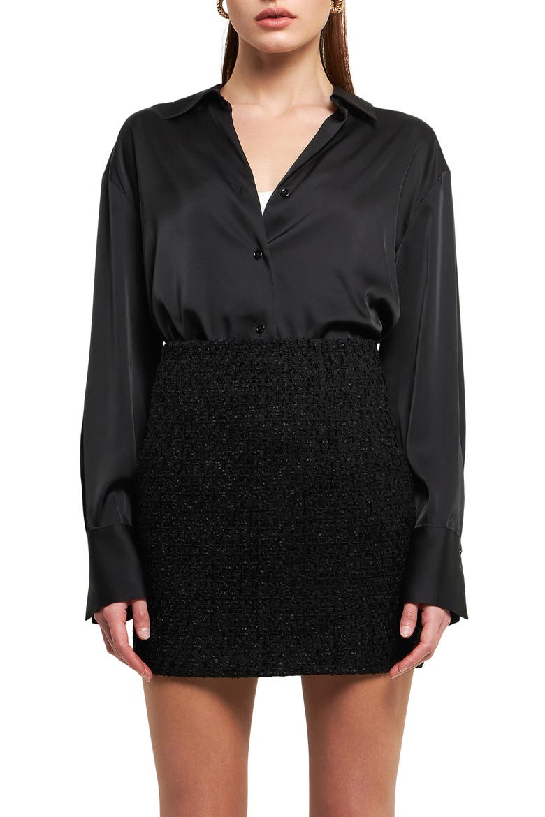 Satin Button-Up Shirt, Main, color, BLACK