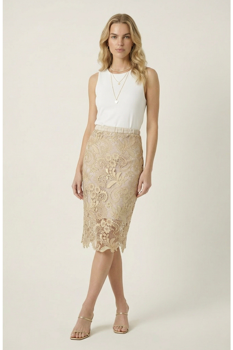 Floral Pattern Scalloped Hem Lace Skirt, Alternate, color, Gold Finish