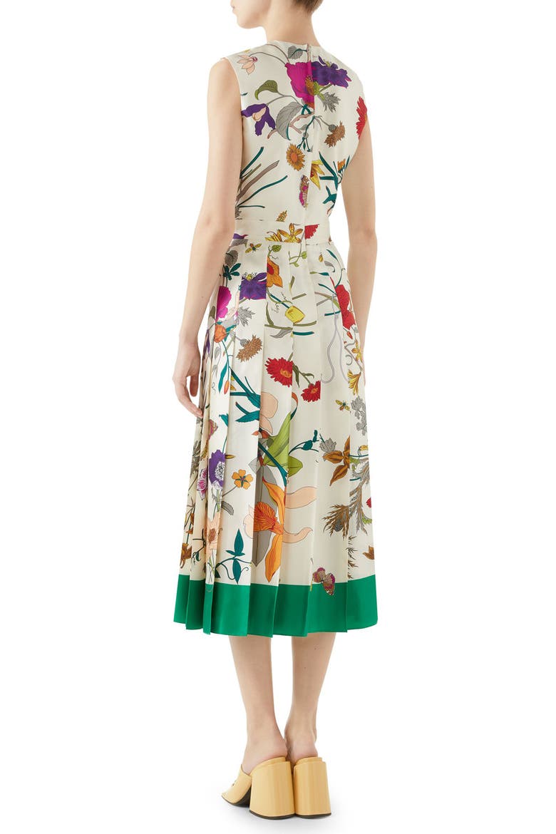 Flora Gothic Print Silk Pleated Midi Dress, Alternate, color, IVORY