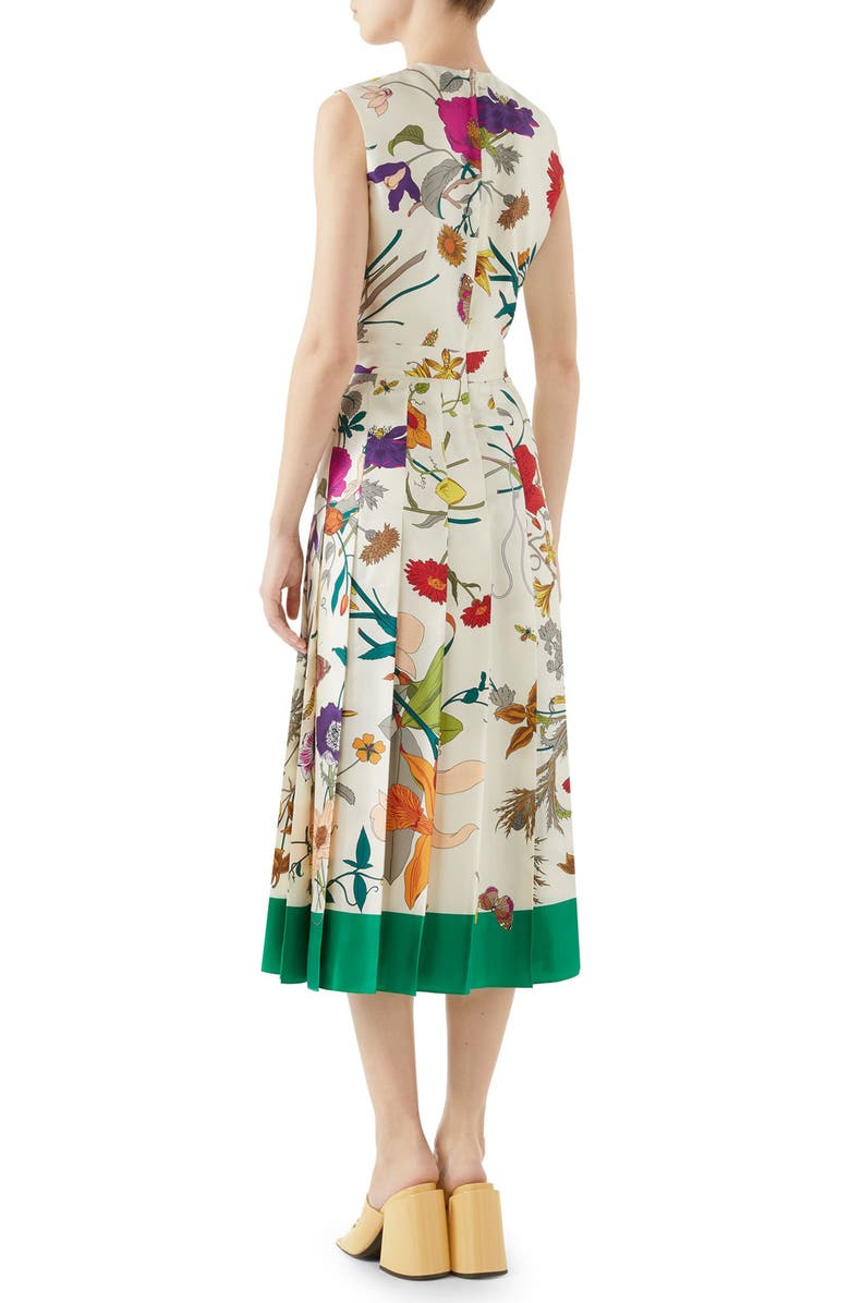 Gucci Flora Gothic Print Silk Pleated Midi Dress, Alternate, color, 