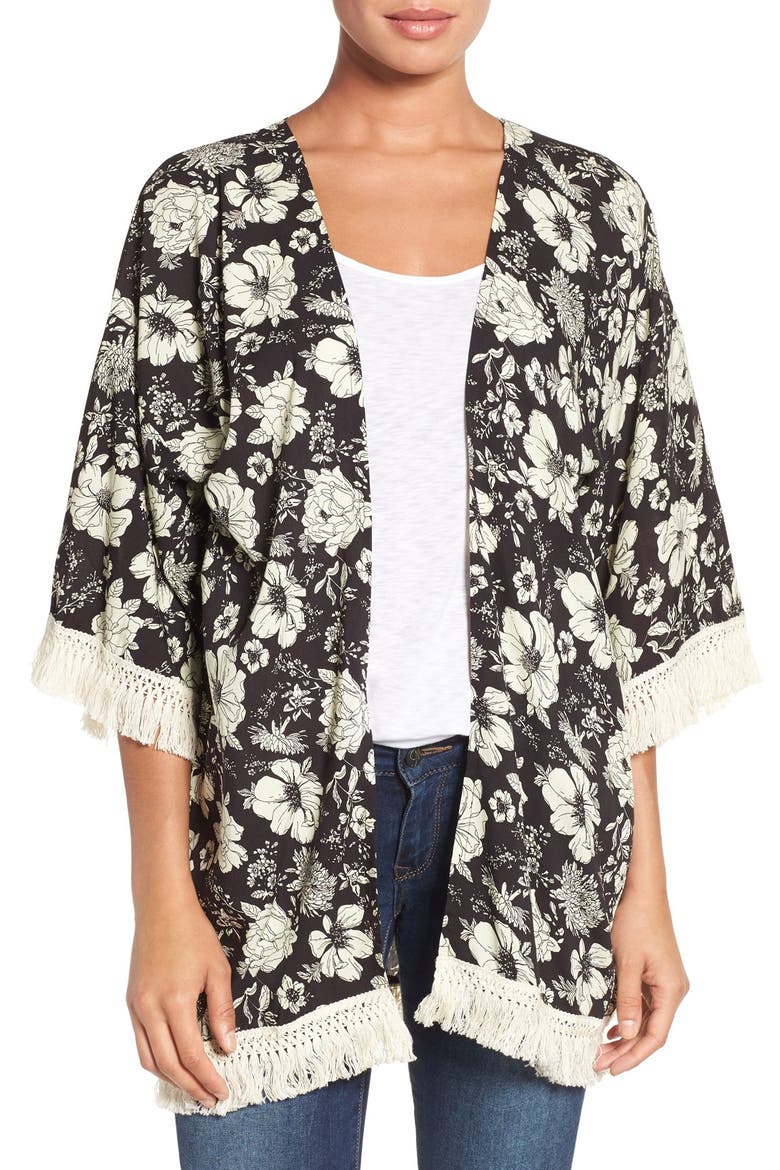 Floral Print Fringe Kimono, Main, color, BLACK