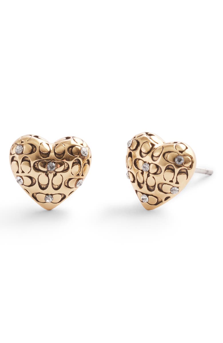 COACH Quilted C Crystal Heart Stud Earrings, Main, color, Crystal/Gold