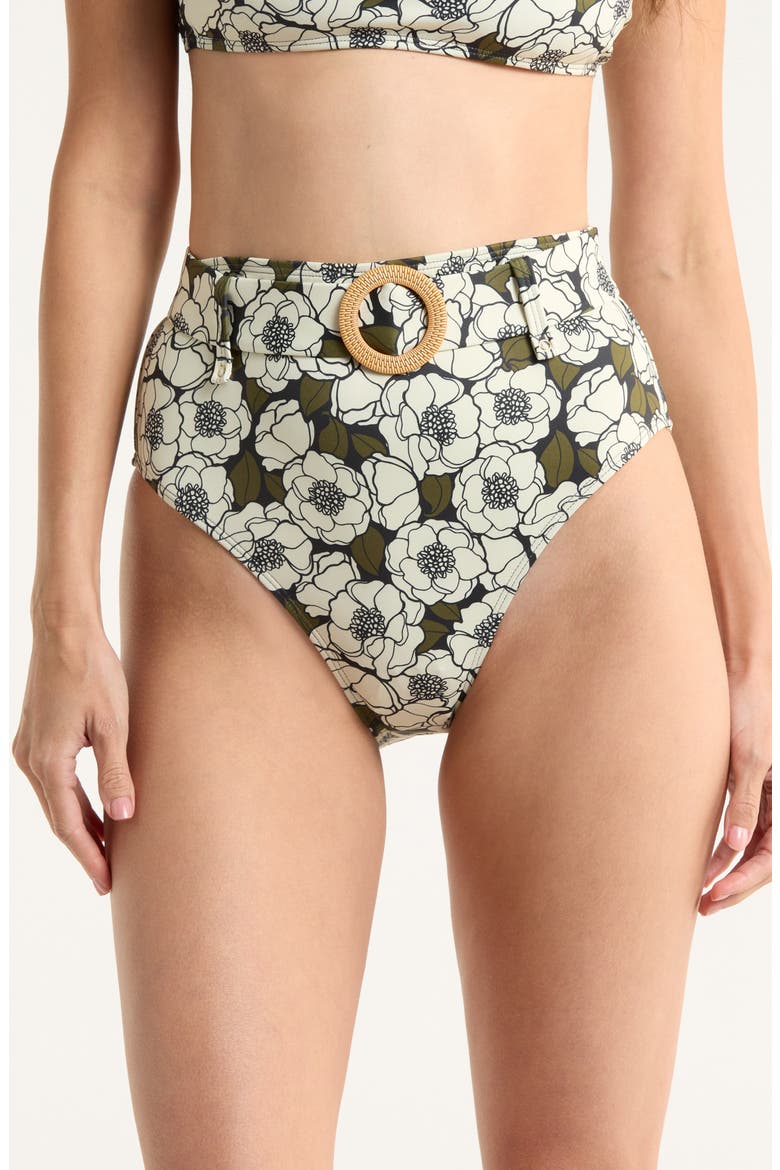 Conny O-Ring High Waist Bikini Bottoms, Main, color, BLCK OLIVE FLT OUTLINE POPPIES
