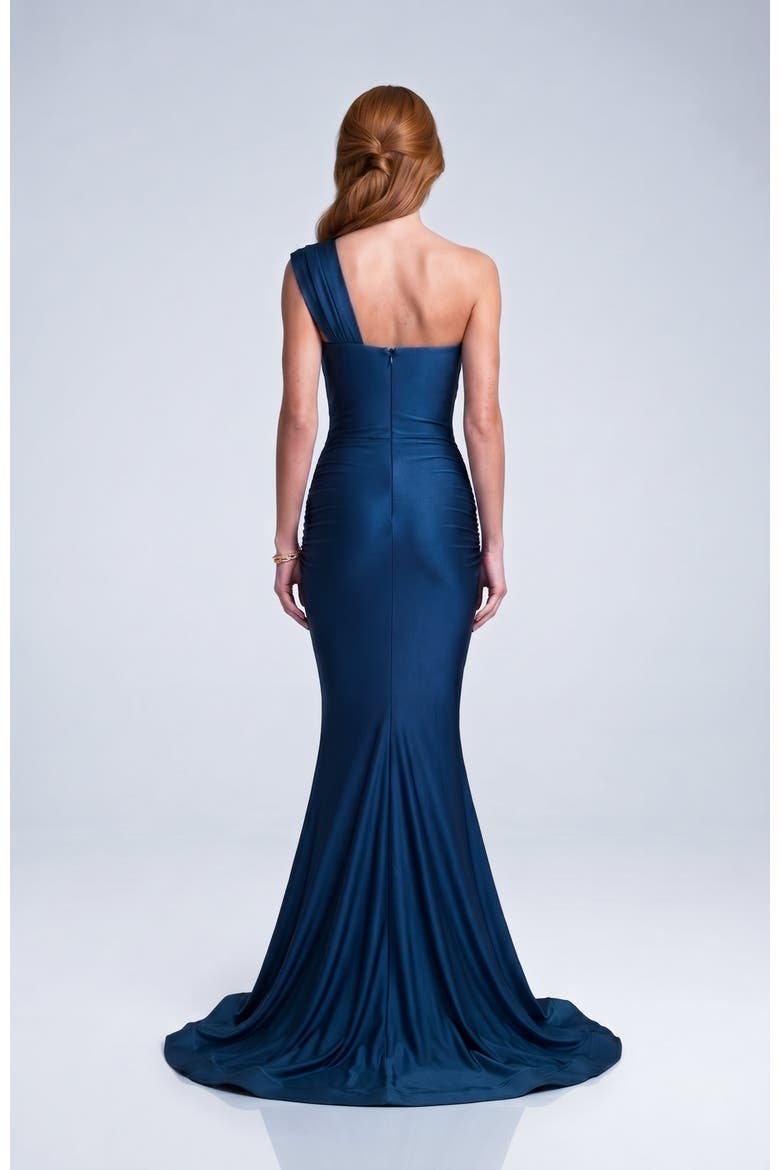 One-Shoulder Soft Draped Mermaid Gown, Alternate, color, Navy