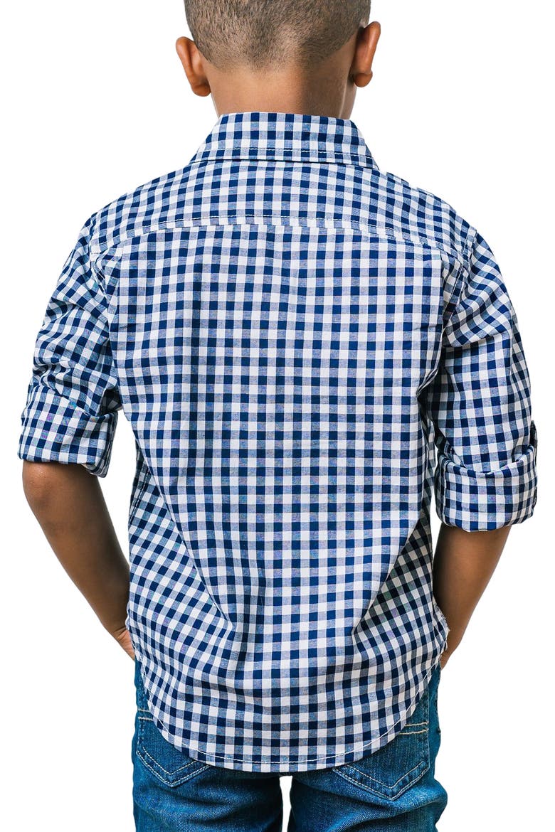 Kids' Organic Long Sleeve Stretch Poplin Roll-Up Button Down Shirt, Alternate, color, Navy Gingham