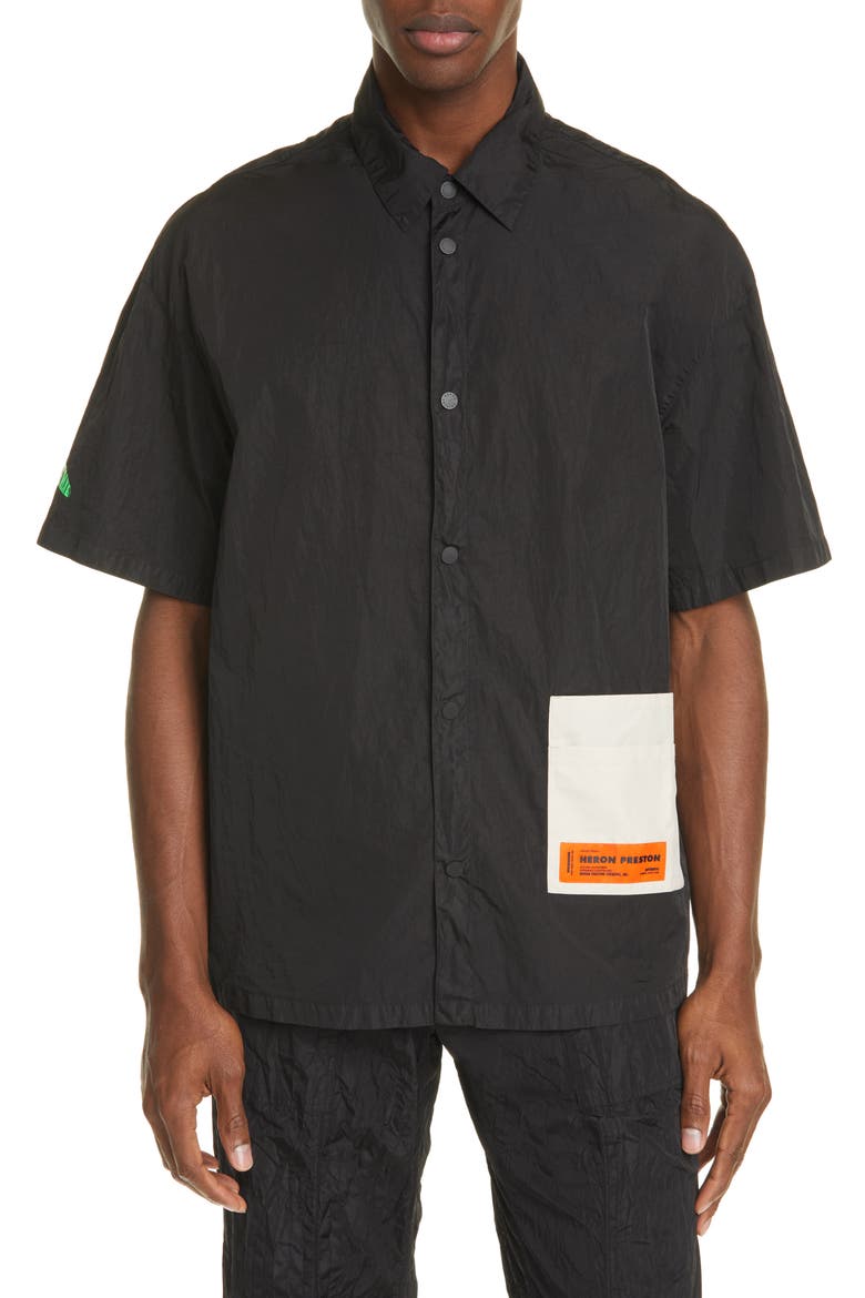 Patch Pocket Short Sleeve Nylon Shirt, Main, color, BLACK GREEN