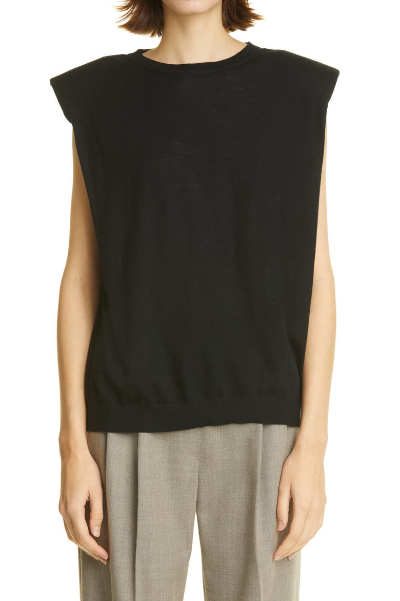Loulou Studio Prince Padded Shoulder Wool & Cashmere Shell, Main, color, BLACK