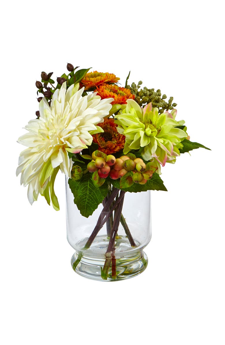 NEARLY NATURAL Mixed Dahlia and Mum with Glass Vase, Main, color, White/Orange