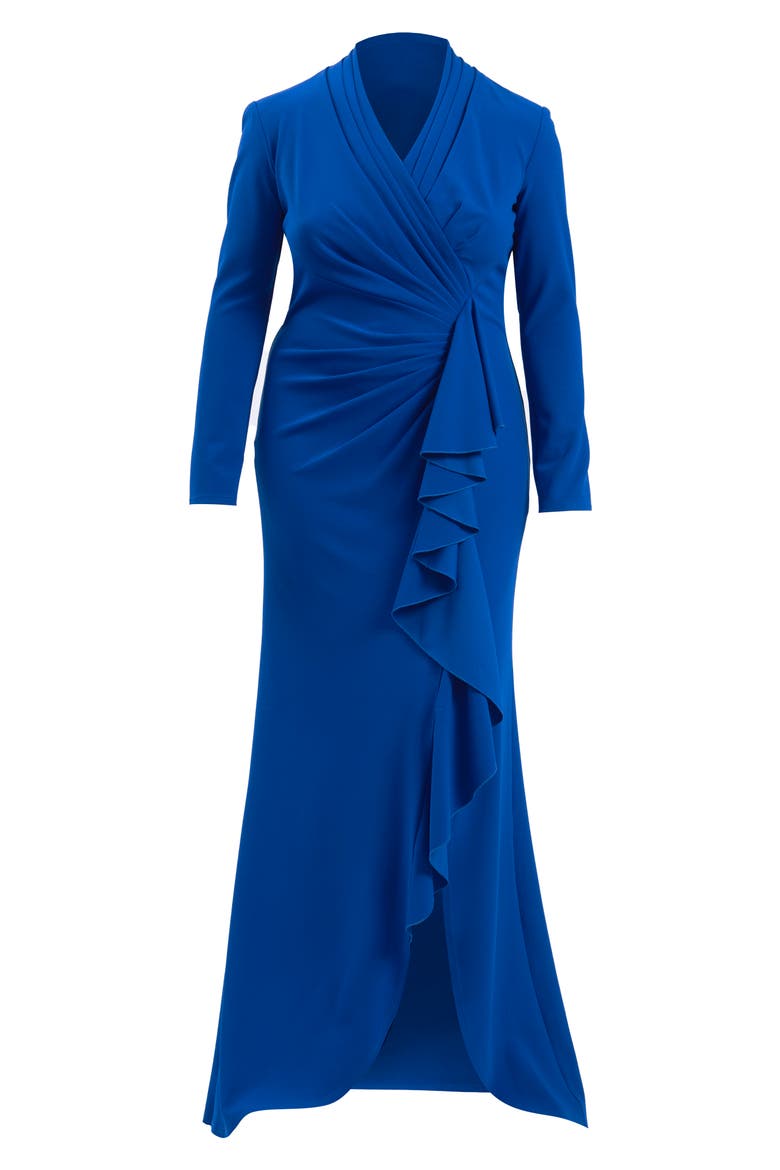 Ruched Long Sleeve Column Gown, Alternate, color, MYSTIC BLUE