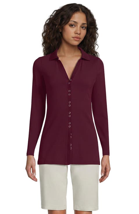 Long Sleeve Polished Rib Button Through Tunic Shirt