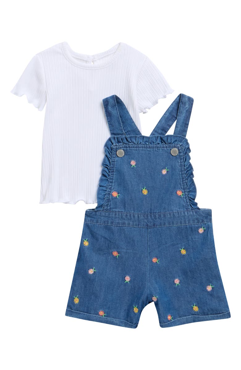 Little Me Embroidered Denim Shortalls & Short Sleeve Shirt Set, Main, color, Blue