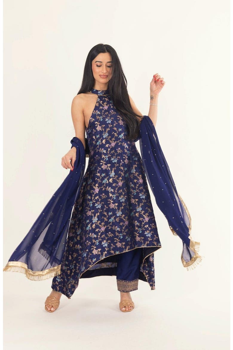 Lazuli Jacquard Halter Salwar Kameez, Alternate, color, Blue