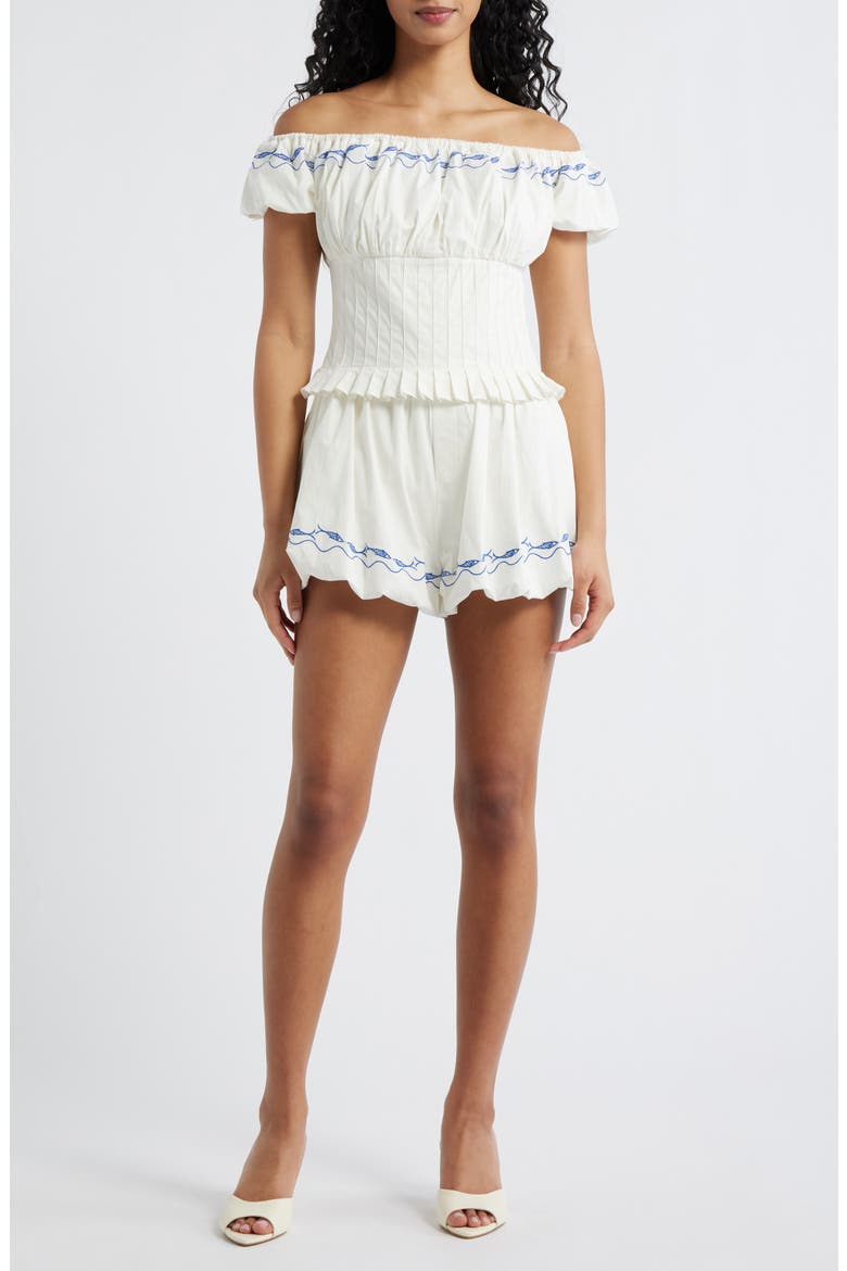 Oia Pleated Off the Shoulder Romper, Main, color, WHITE/ BLUE