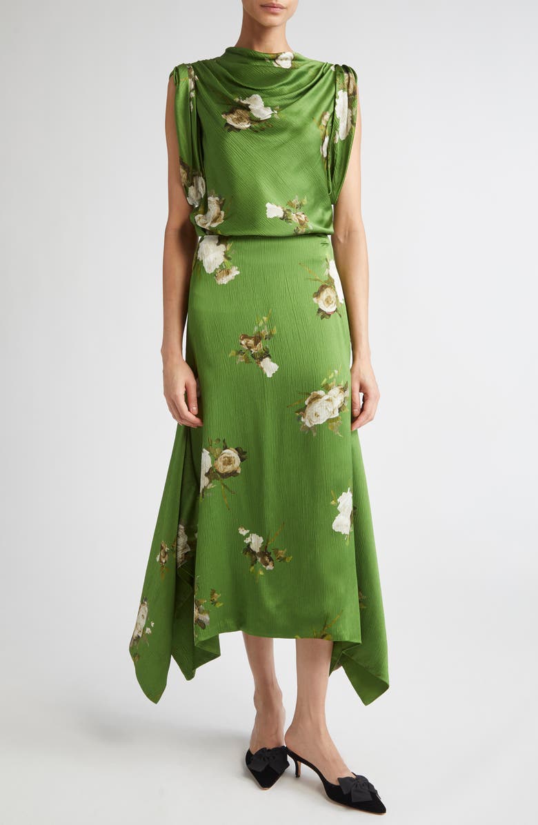 Erdem Painted Rose Print Crinkled Satin Top, Alternate, color, Painted Rose Bouquet Olive