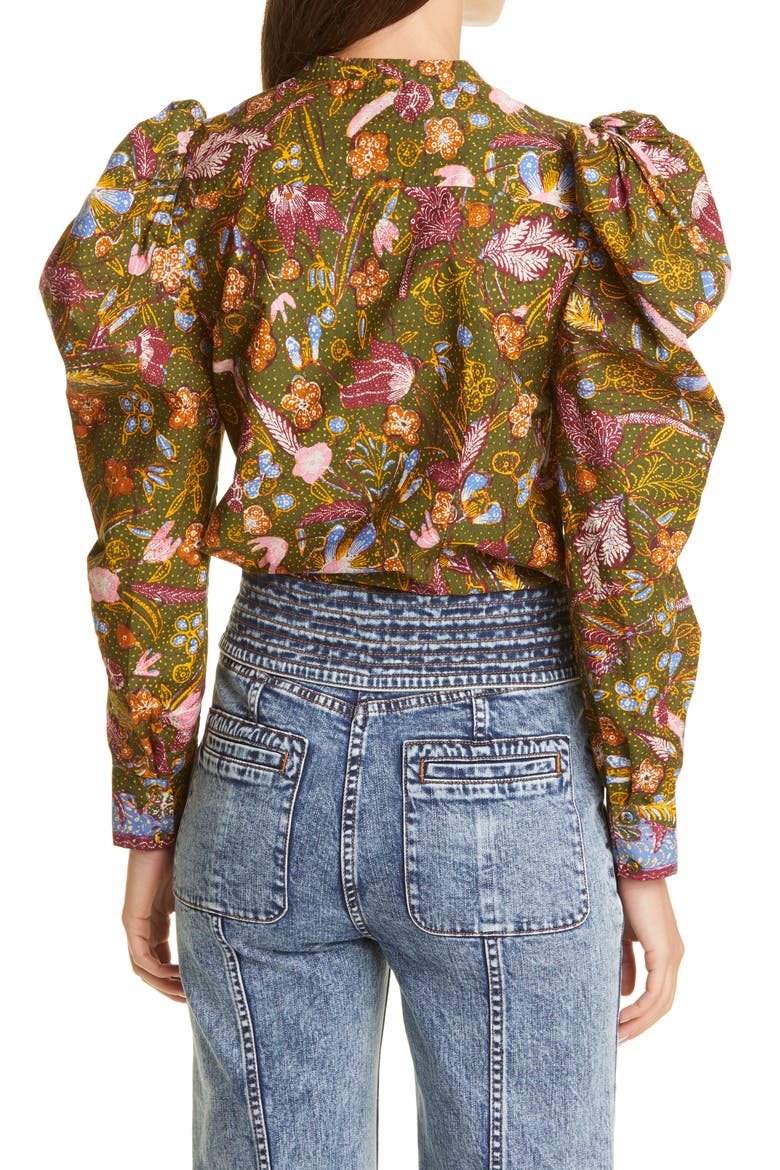 Willa Puff Sleeve Cotton Blouse, Alternate, color, PINE FLORAL