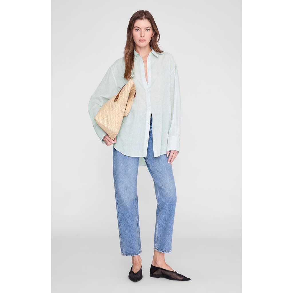 ANINE BING Plaza Shirt in Green And White Mini Stripe at Nordstrom, Size Medium