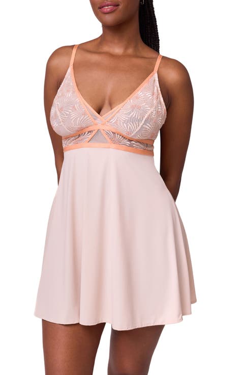 Tangerine Dream Embroidered Sheer Mesh & Microfiber Chemise & G-String Set