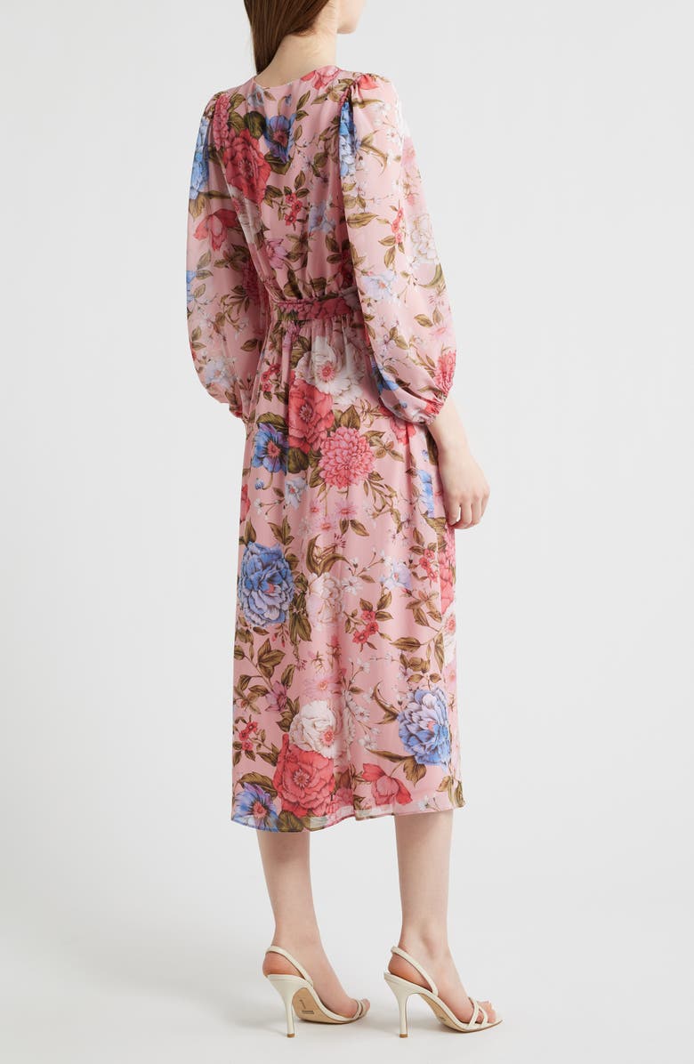 Anne Klein Floral Print Tie Waist Midi Dress, Alternate, color, Calypso Coral Multi