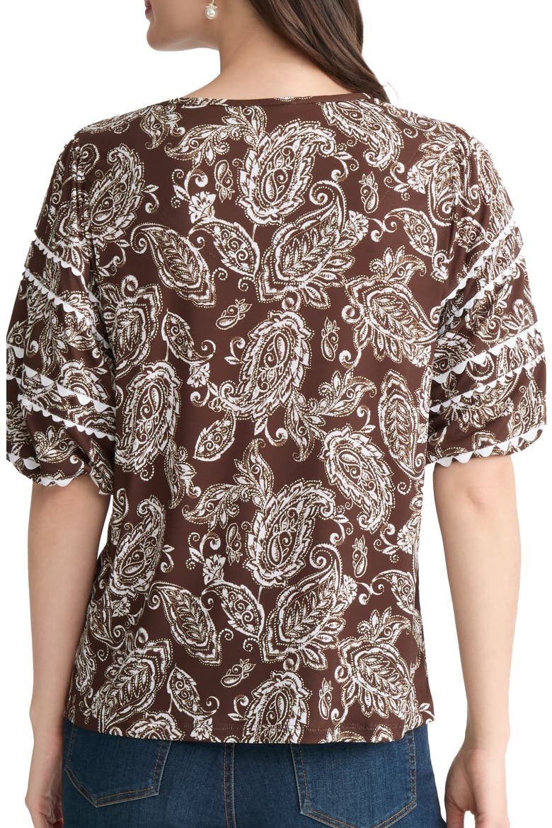 Scalloped Trim Puff Sleeve Stretch Cotton Top, Alternate, color, FUDGE/ WHITE SAND MULTI