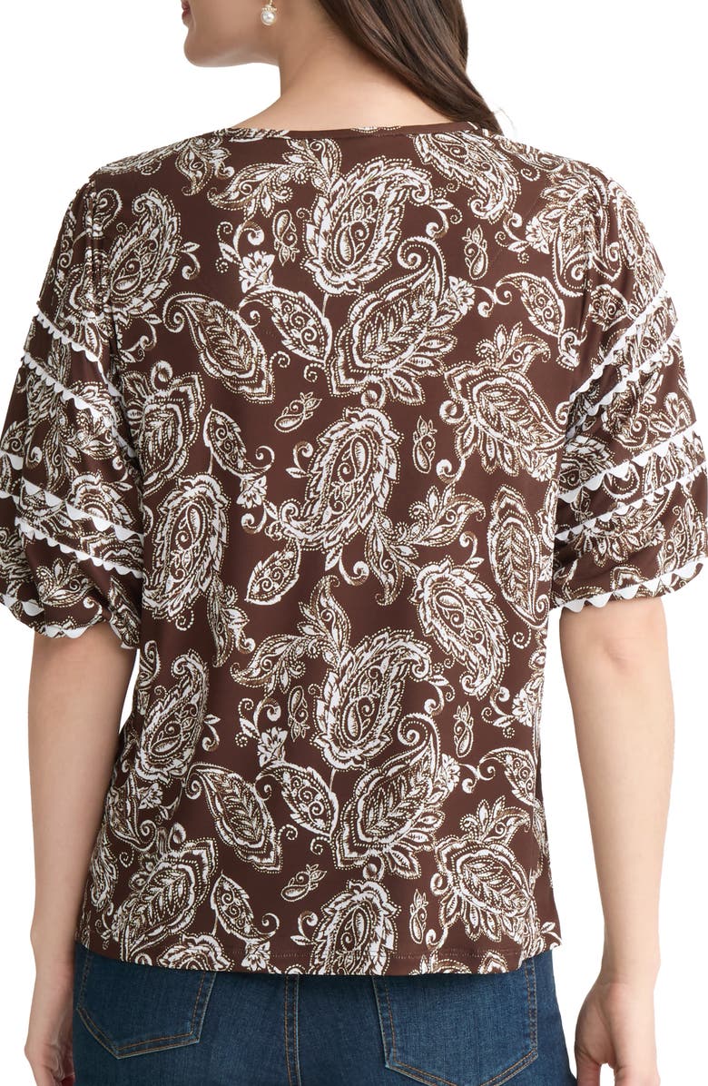 Jones New York Scalloped Trim Puff Sleeve Stretch Cotton Top, Alternate, color, Fudge/ White Sand Multi