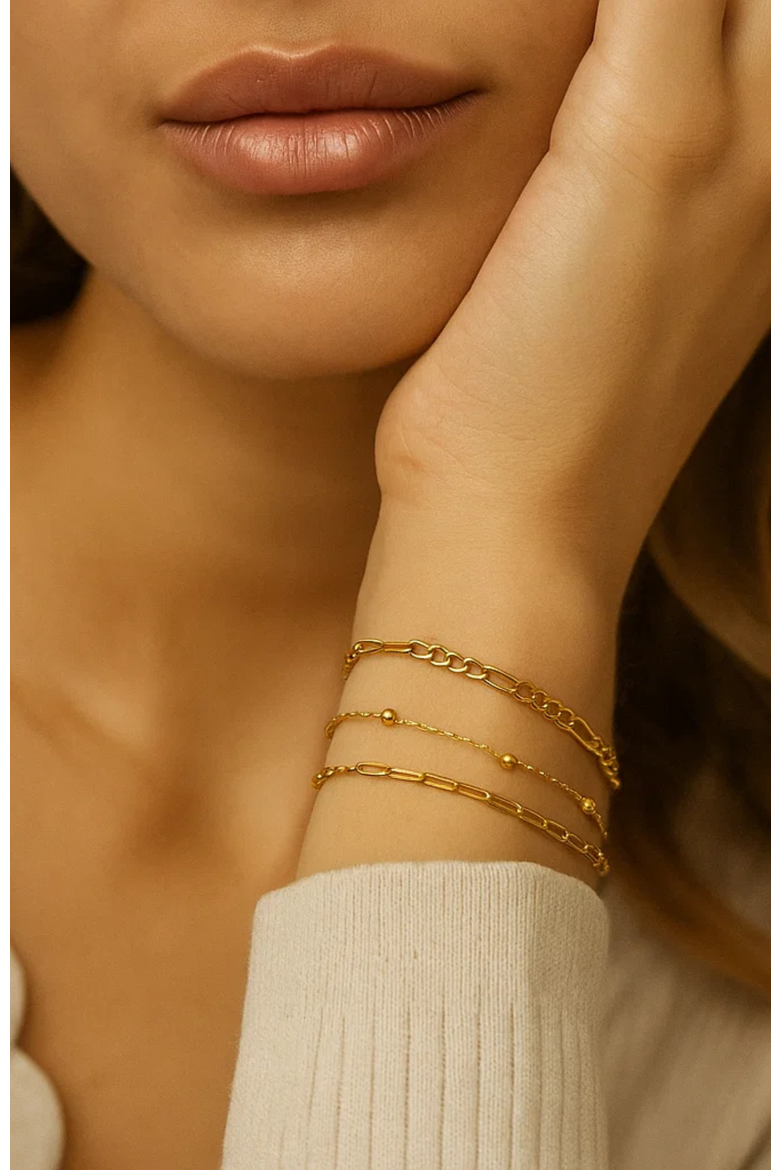 Adriana 3-Piece Stackable Bracelet Trio Set, Beaded, Figaro, Paperclip Link, Alternate, color, Gold