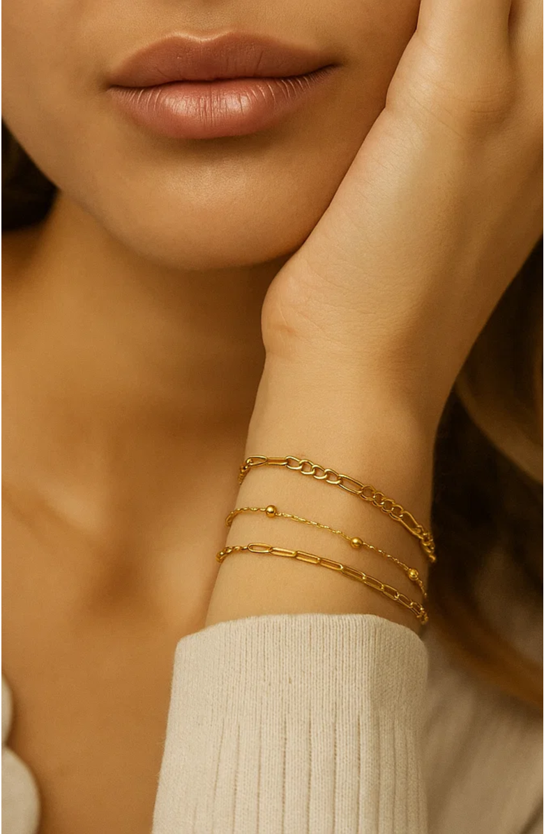 Hollywood Sensation Adriana 3-Piece Stackable Bracelet Trio Set, Beaded, Figaro, Paperclip Link, Alternate, color, Gold