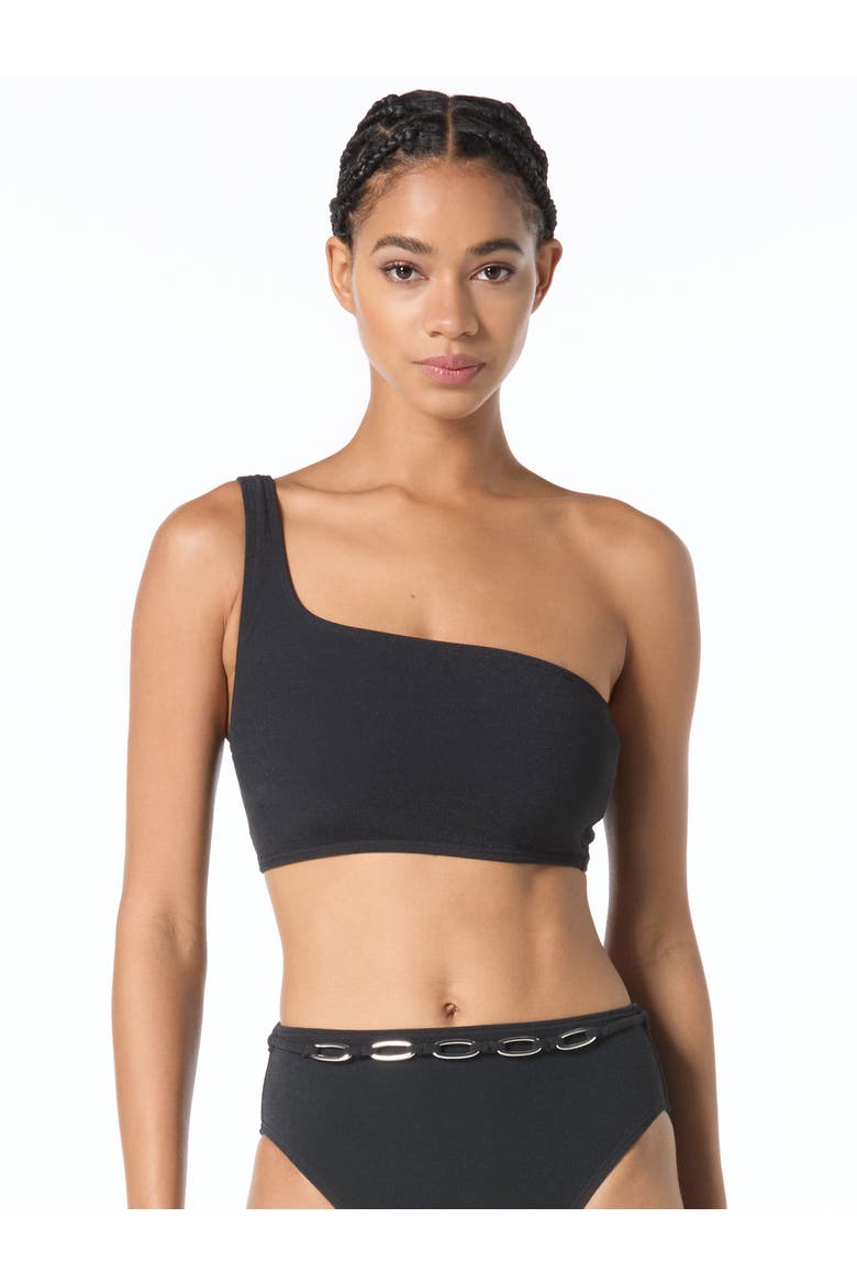 Oval Link Crepe Solids One Shoulder Swim Top, Main, color, Black
