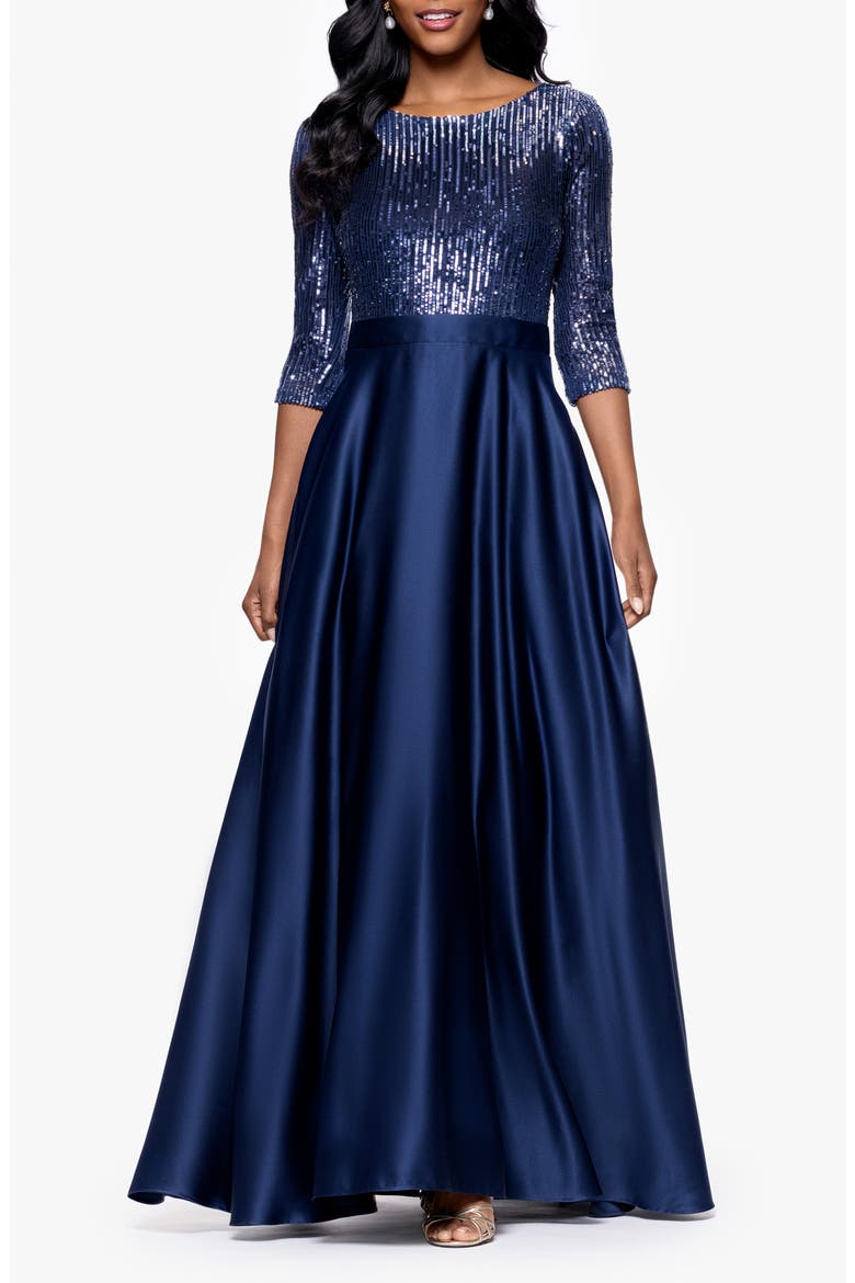 Sequin & Satin Ballgown, Main, color, NAVY