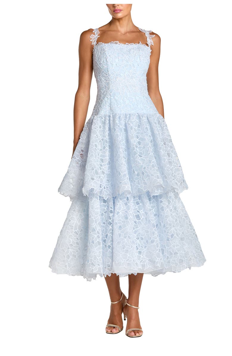 Mac Duggal Sleeveless Embroidered Lace Tiered Midi Dress, Main, color, Powder Blue