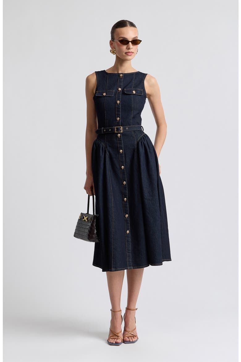 Belted Sleeveless Denim Dress, Alternate, color, DARK RINSE