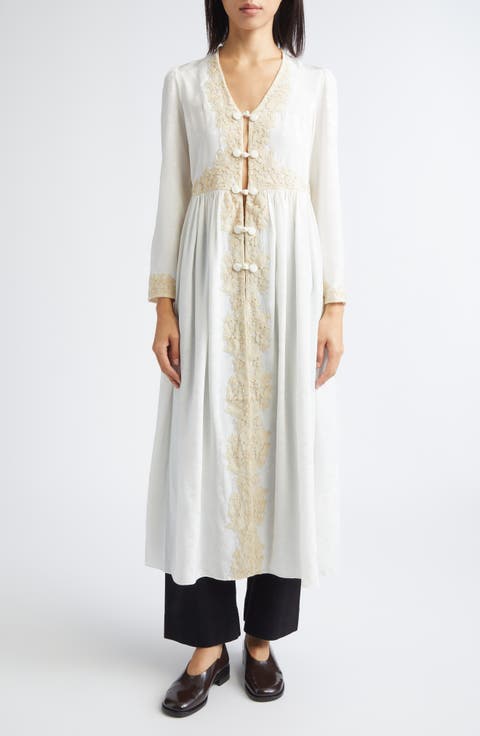 Trousseau Long Sleeve Lace Silk Maxi Dress