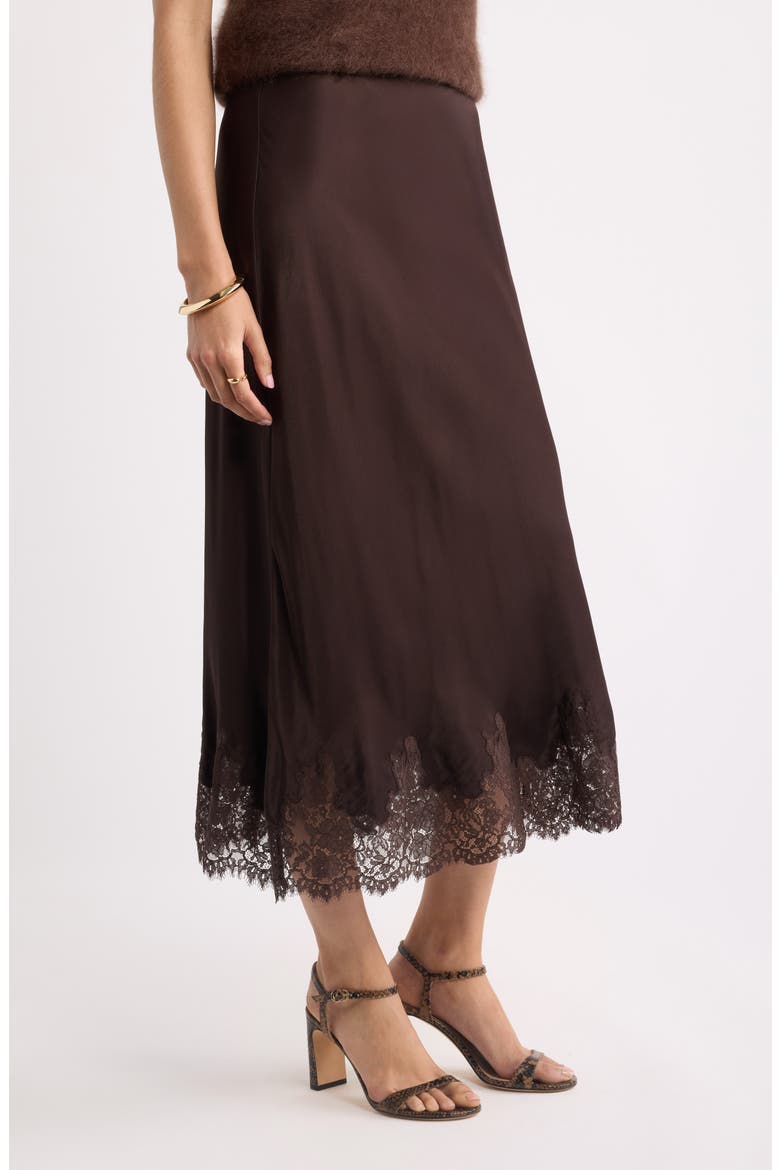 Lace Trim Satin Bias Midi Skirt, Alternate, color, BROWN MOLE